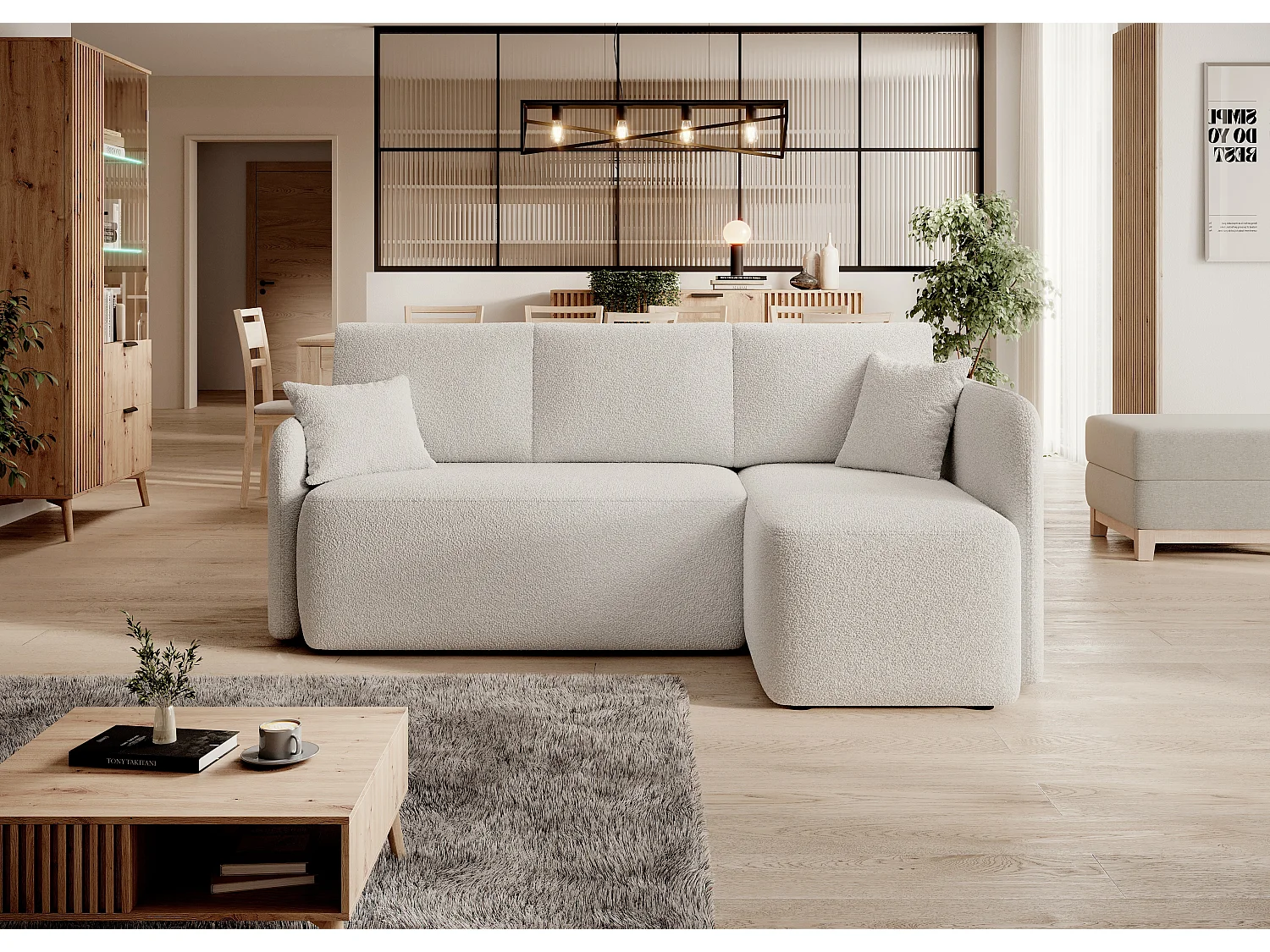 Petit canapé d'angle en tissu convertible avec coffre Takin 206cm-Blanc-angle droit