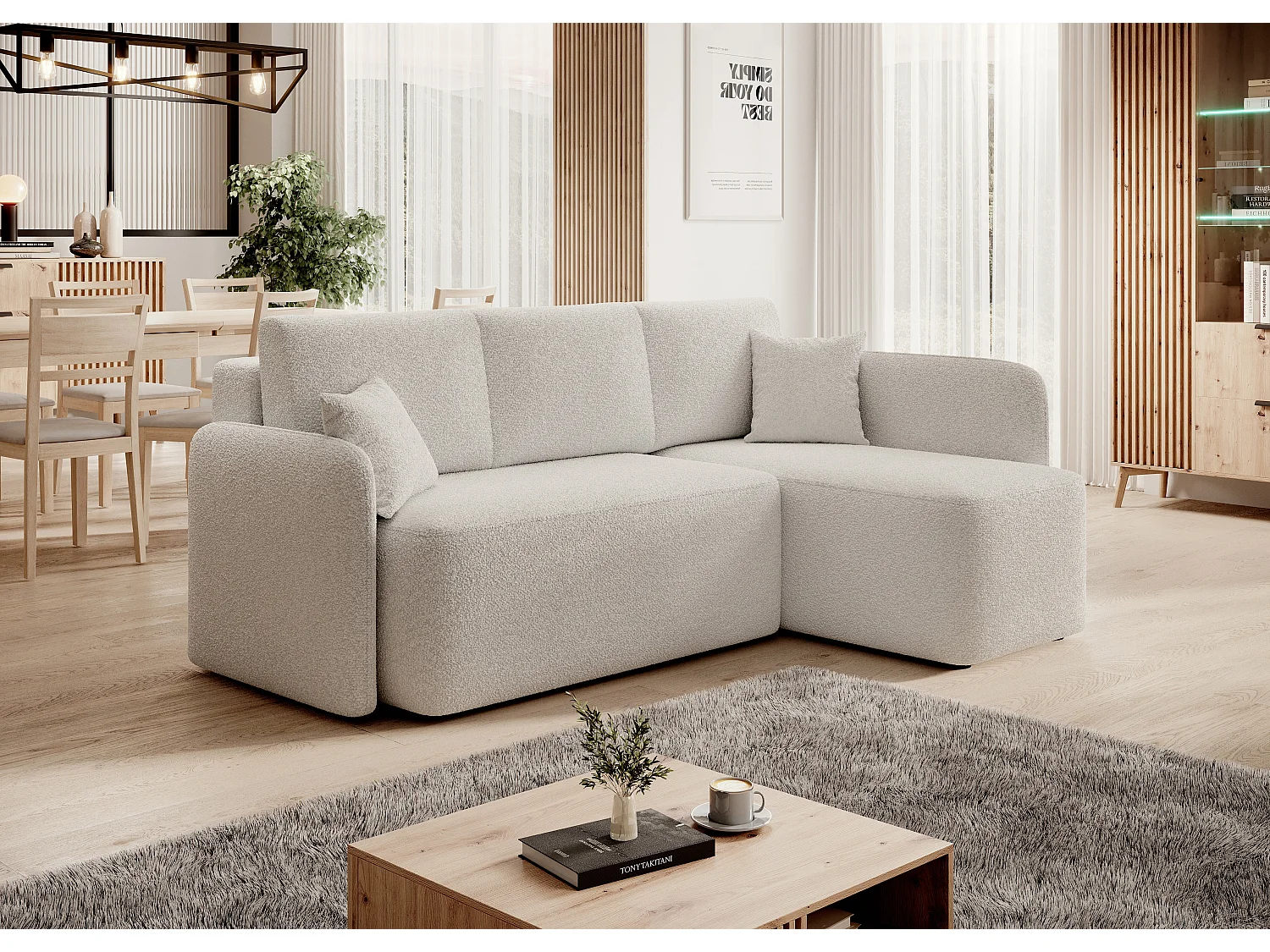 Petit canapé d'angle en tissu convertible avec coffre Takin 206cm-Blanc-angle droit