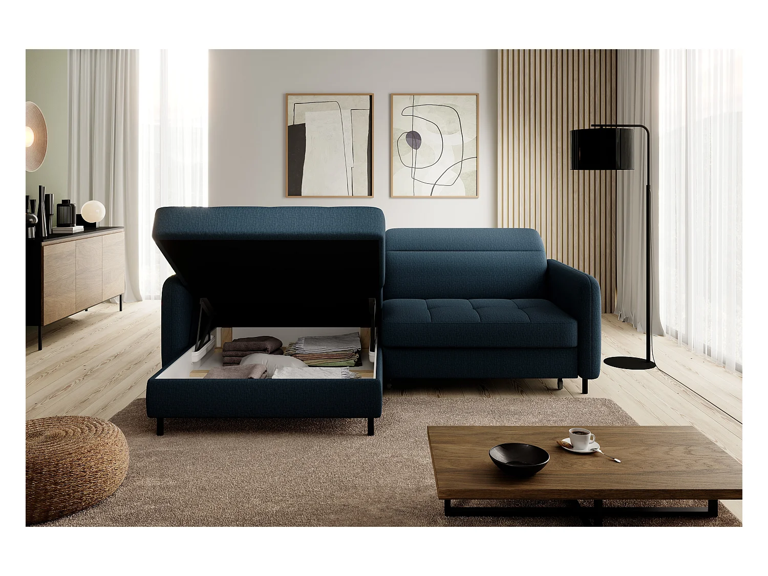 Petit canapé d’angle convertible tissu Kunder-Bleu pétrole-angle gauche