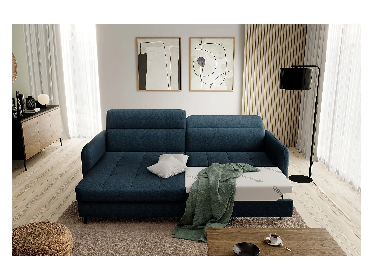 Petit canapé d’angle convertible tissu Kunder-Bleu pétrole-angle gauche