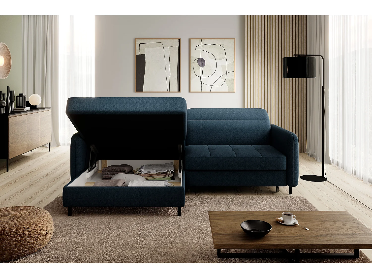 Petit canapé d’angle convertible tissu Kunder-Bleu pétrole-angle gauche