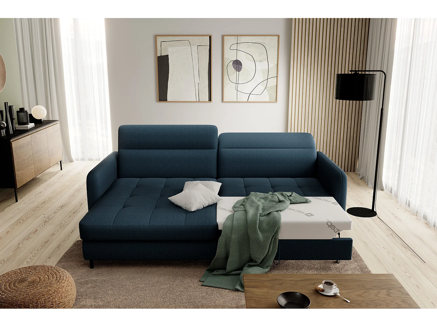 Petit canapé d’angle convertible tissu Kunder-Bleu pétrole-angle gauche