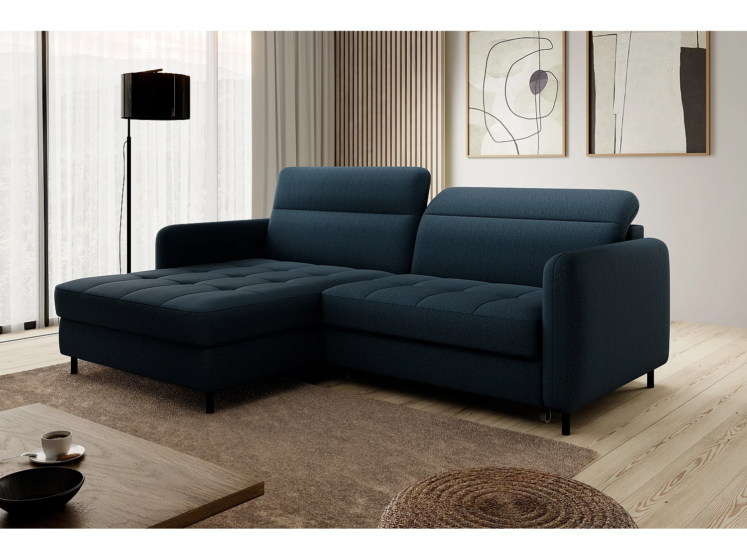 Petit canapé d’angle convertible tissu Kunder-Bleu pétrole-angle gauche