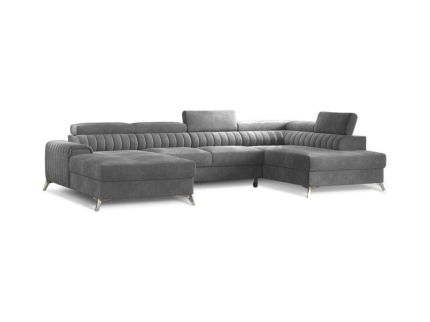 Canapé en U convertible KALANTE velours - Coffre de rangement et appuie-têtes réglables-Gris-Coffre à droite