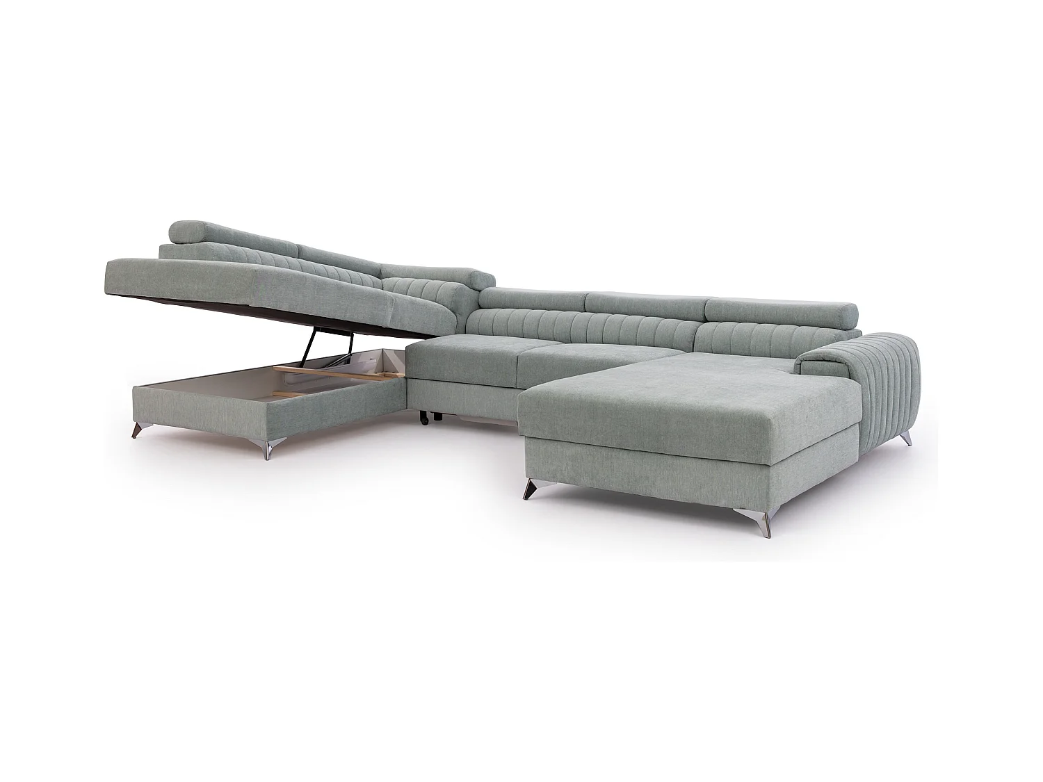 Canapé en U convertible KALANTE velours - Coffre de rangement et appuie-têtes réglables-Gris-Coffre à droite