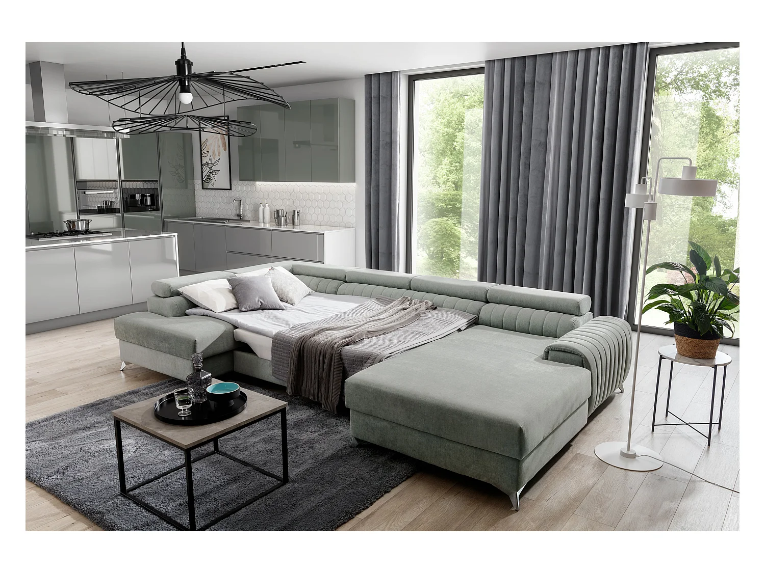 Canapé en U convertible KALANTE velours - Coffre de rangement et appuie-têtes réglables-Gris-Coffre à droite