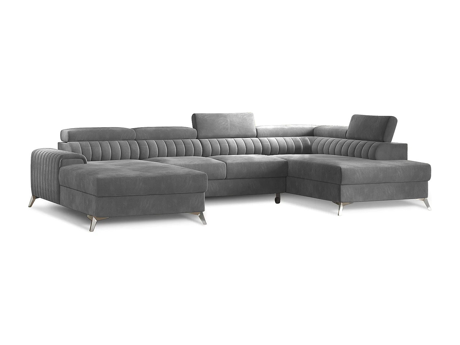 Canapé en U convertible KALANTE velours - Coffre de rangement et appuie-têtes réglables-Gris-Coffre à droite