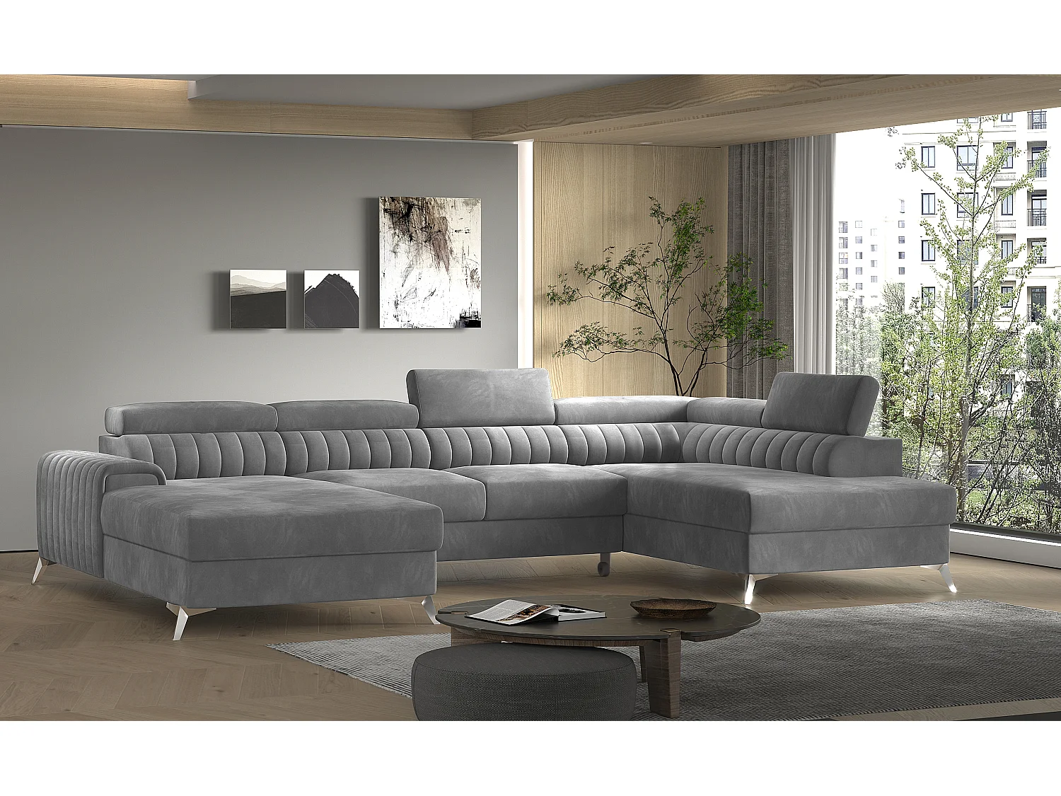 Canapé en U convertible KALANTE velours - Coffre de rangement et appuie-têtes réglables-Gris-Coffre à droite