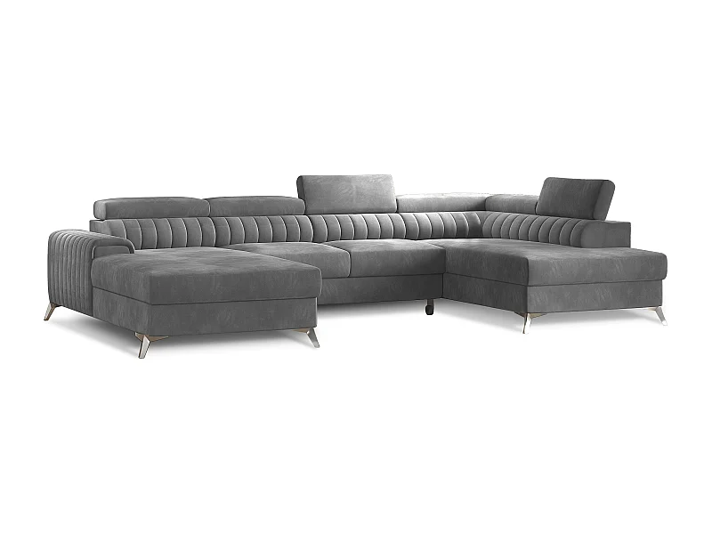 KALANTE fluwelen U-vormige slaapbank - Opbergvak en verstelbare hoofdsteunen-Kleur Grijs-Opslagruimte naar rechts