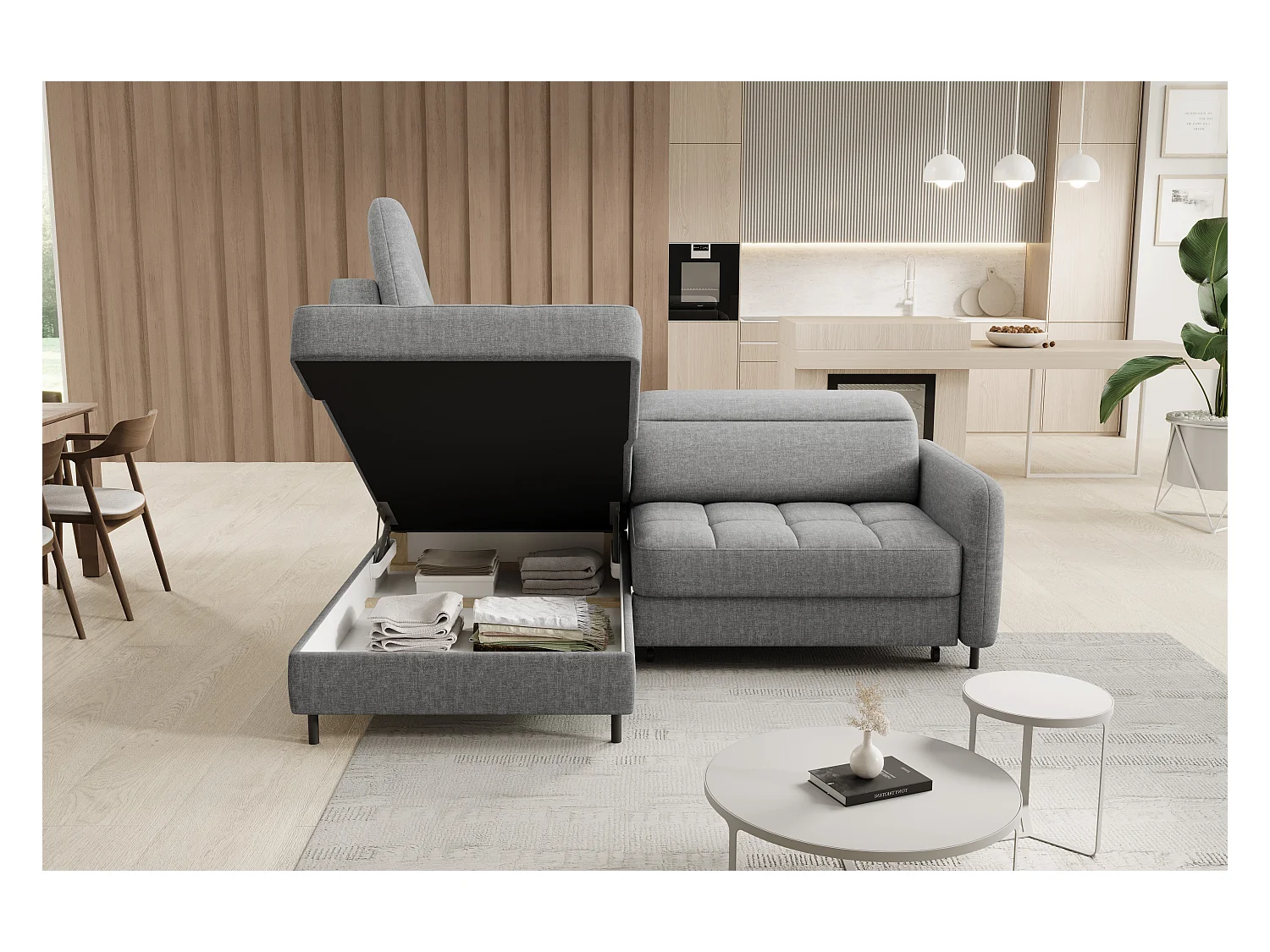 Kleine omvormbare stoffen hoekbank met opbergruimte BOREA 208 cm-Kleur Grijs-linkerhoek