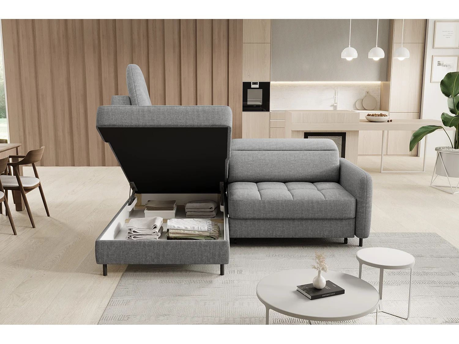Petit canapé d'angle en tissu convertible avec coffre BOREA 208cm-Gris-angle gauche