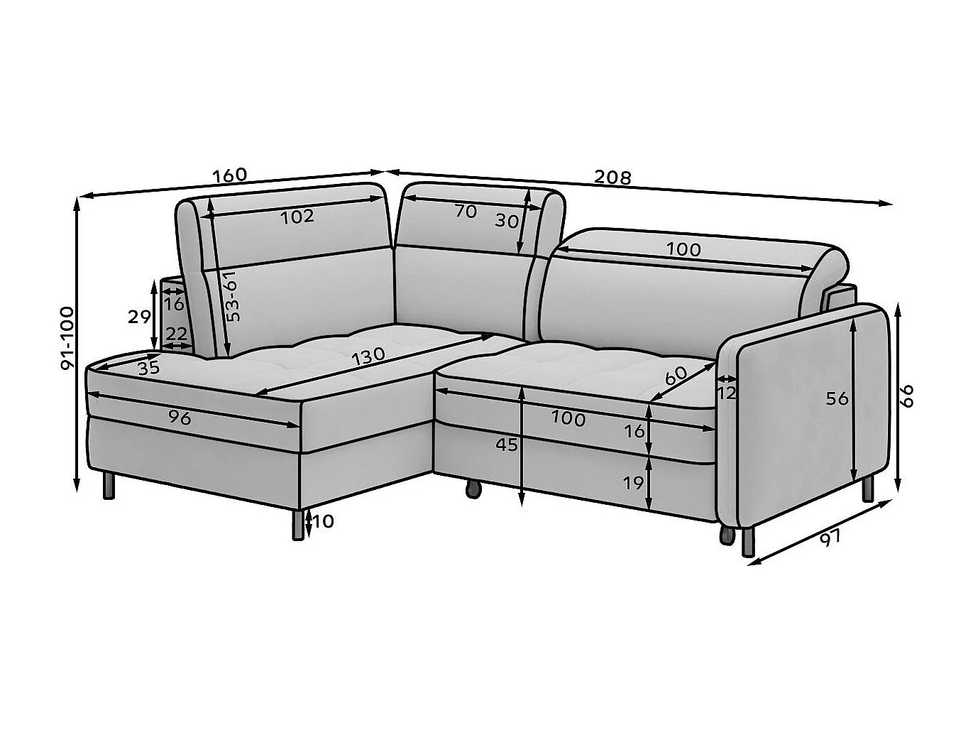 Petit canapé d'angle en tissu convertible avec coffre BOREA 208cm-Gris-angle gauche