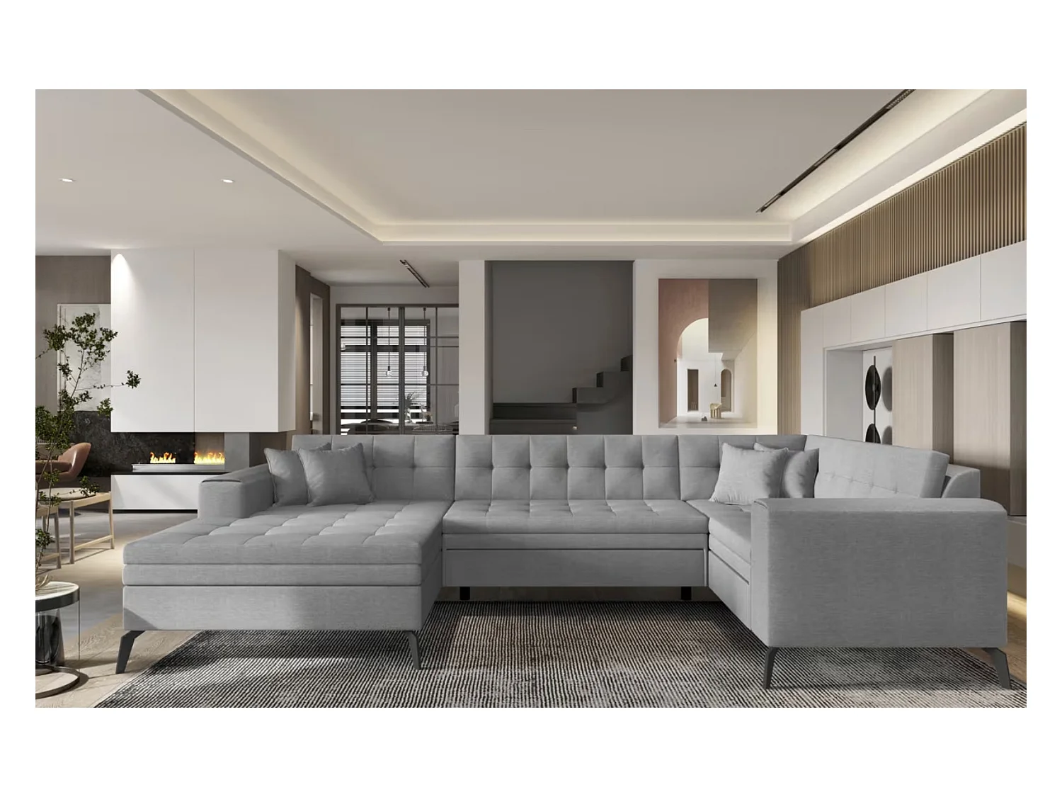 Canapé panoramique convertible BONTY tissu matelassé-Gris clair chiné-Méridienne A gauche