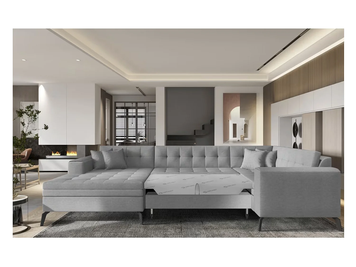 Canapé panoramique convertible BONTY tissu matelassé-Gris clair chiné-Méridienne A gauche