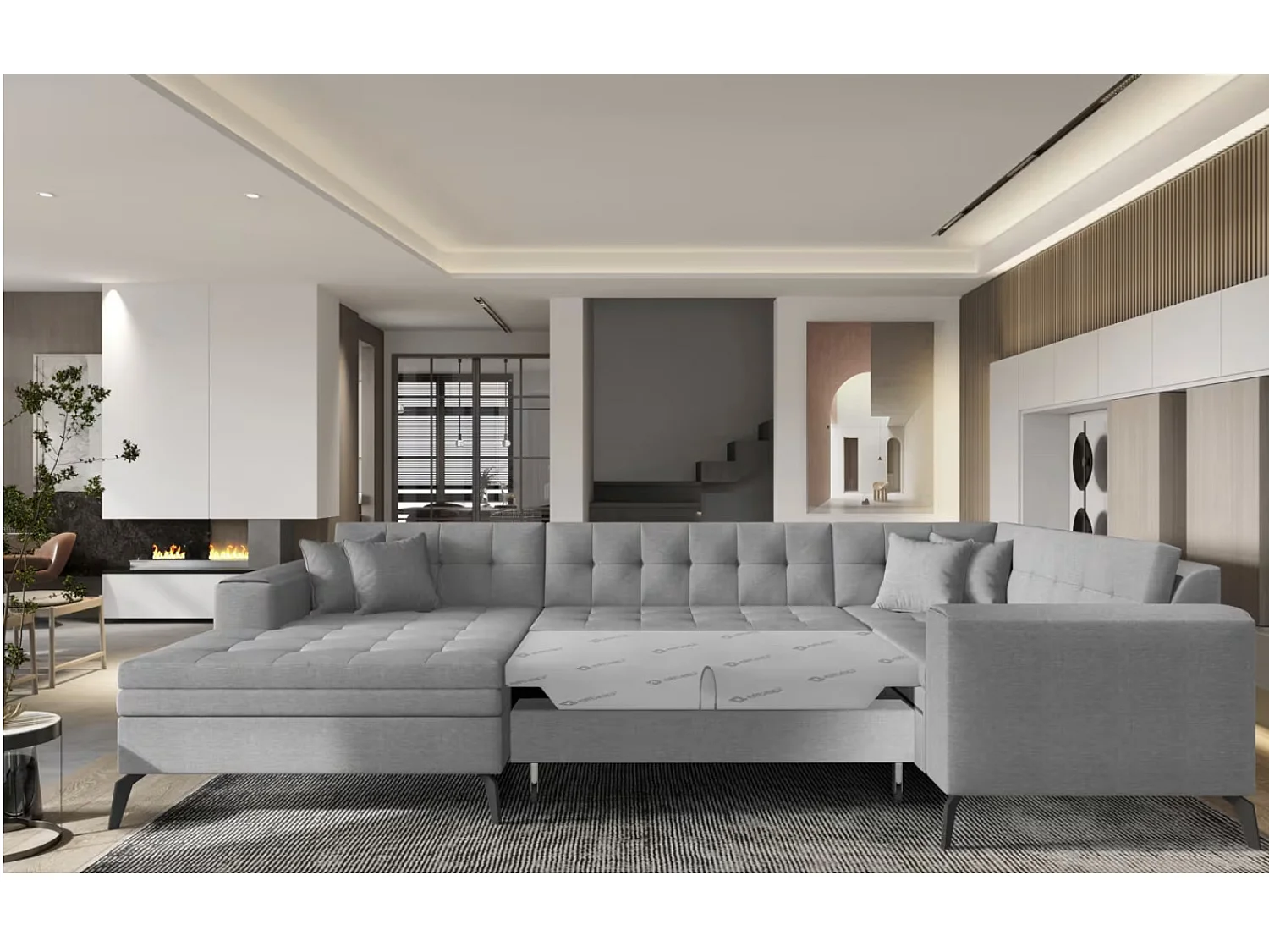 Canapé panoramique convertible BONTY tissu matelassé-Gris clair chiné-Méridienne A gauche