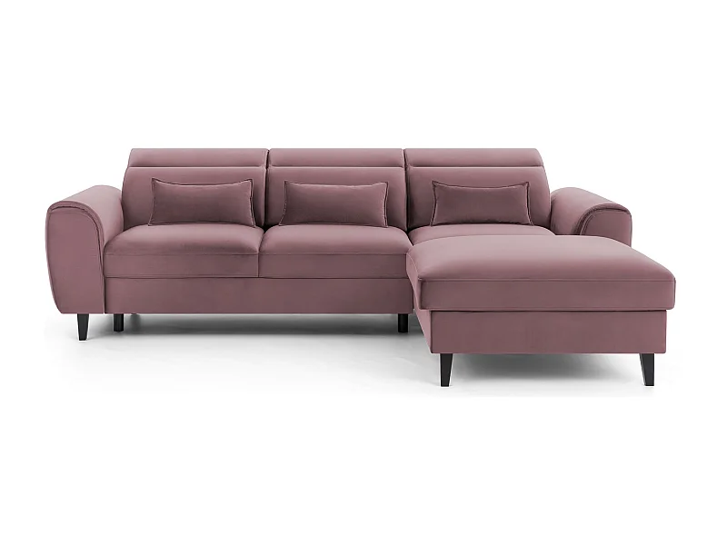 Canapé d'angle convertible velours appuis-tête réglables ASTORIA - Coffre et pieds bois noir-Vieux rose-angle droit