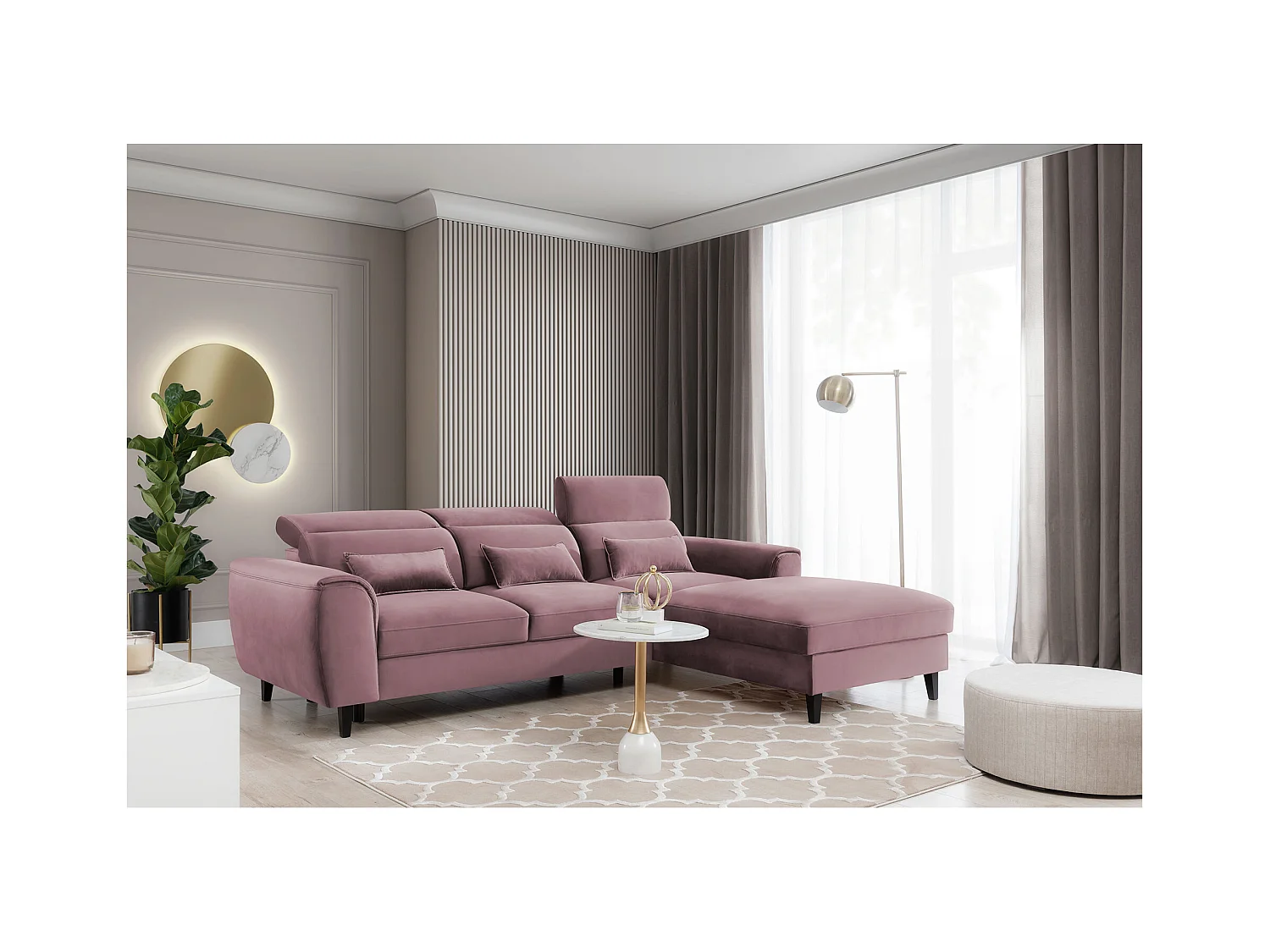 Canapé d'angle convertible velours appuis-tête réglables ASTORIA - Coffre et pieds bois noir-Vieux rose-angle droit