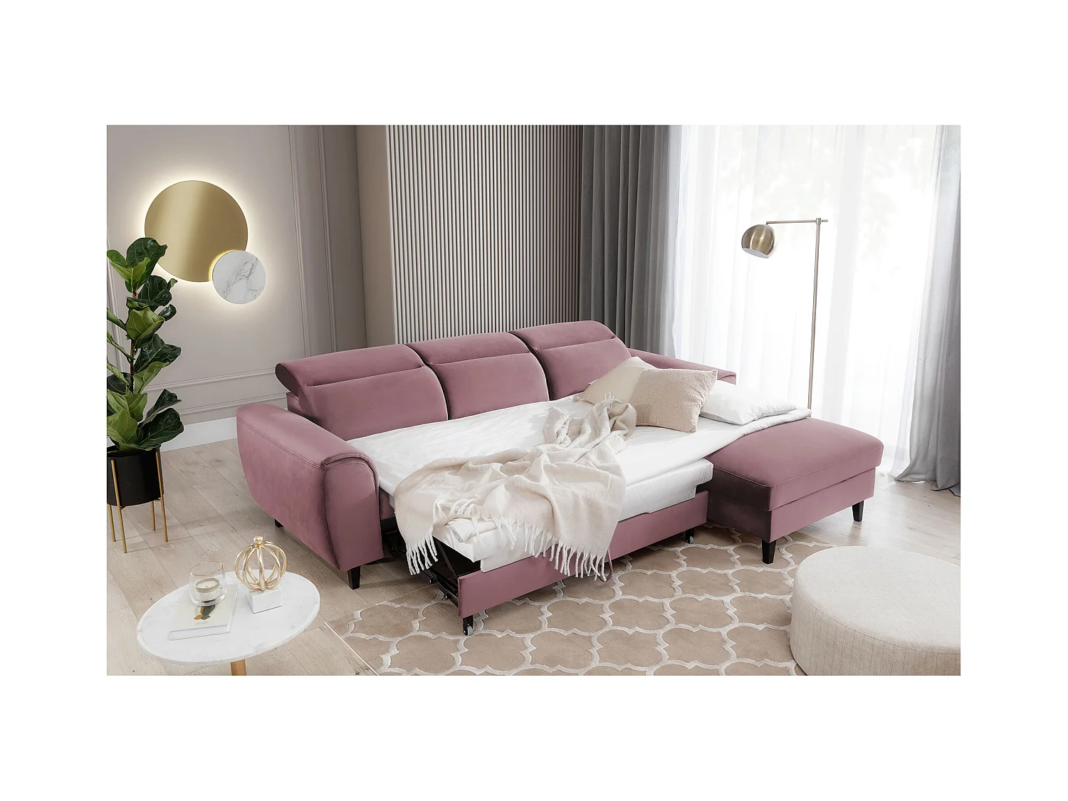 Canapé d'angle convertible velours appuis-tête réglables ASTORIA - Coffre et pieds bois noir-Vieux rose-angle droit