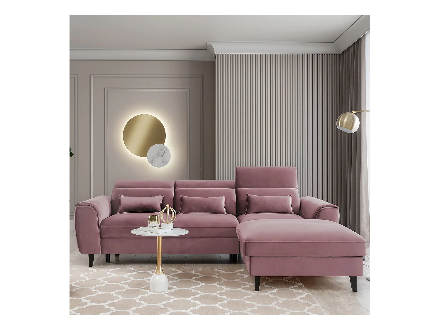 Canapé d'angle convertible velours appuis-tête réglables ASTORIA - Coffre et pieds bois noir-Vieux rose-angle droit