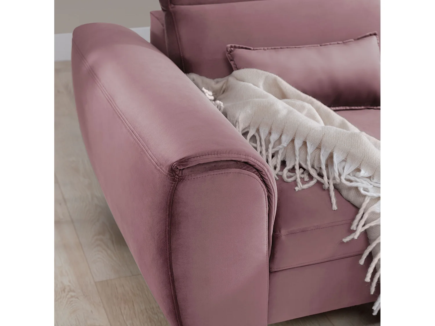 Canapé d'angle convertible velours appuis-tête réglables ASTORIA - Coffre et pieds bois noir-Vieux rose-angle droit