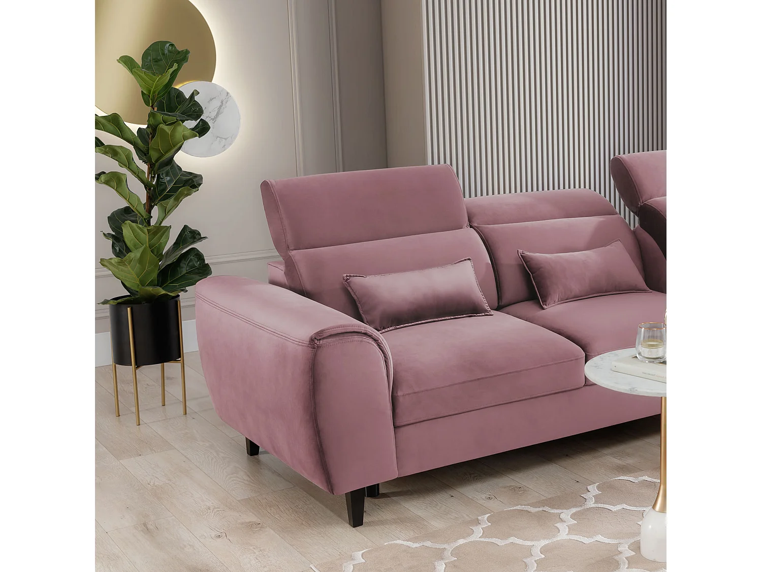 Canapé d'angle convertible velours appuis-tête réglables ASTORIA - Coffre et pieds bois noir-Vieux rose-angle droit