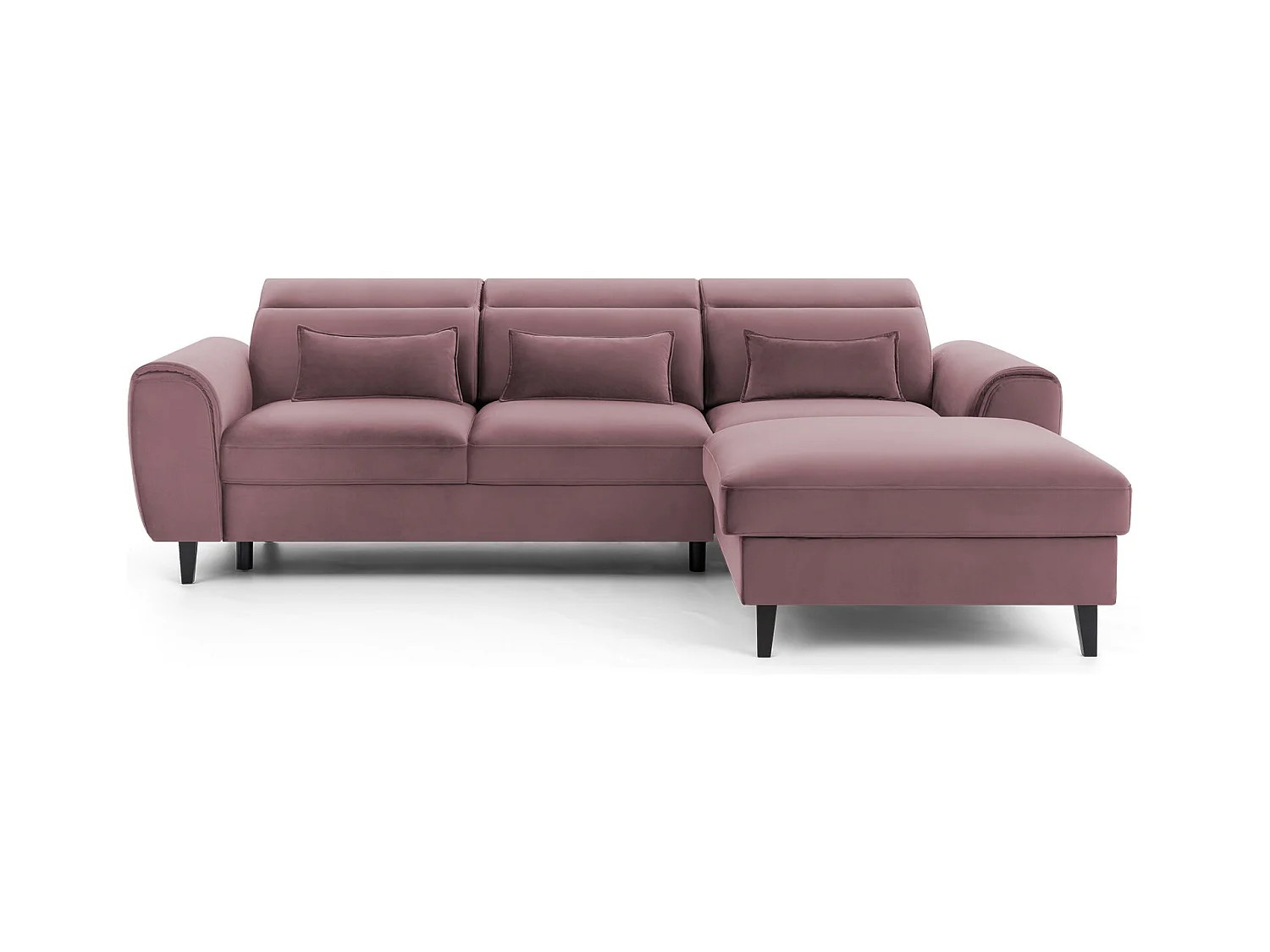Canapé d'angle convertible velours appuis-tête réglables ASTORIA - Coffre et pieds bois noir-Vieux rose-angle droit