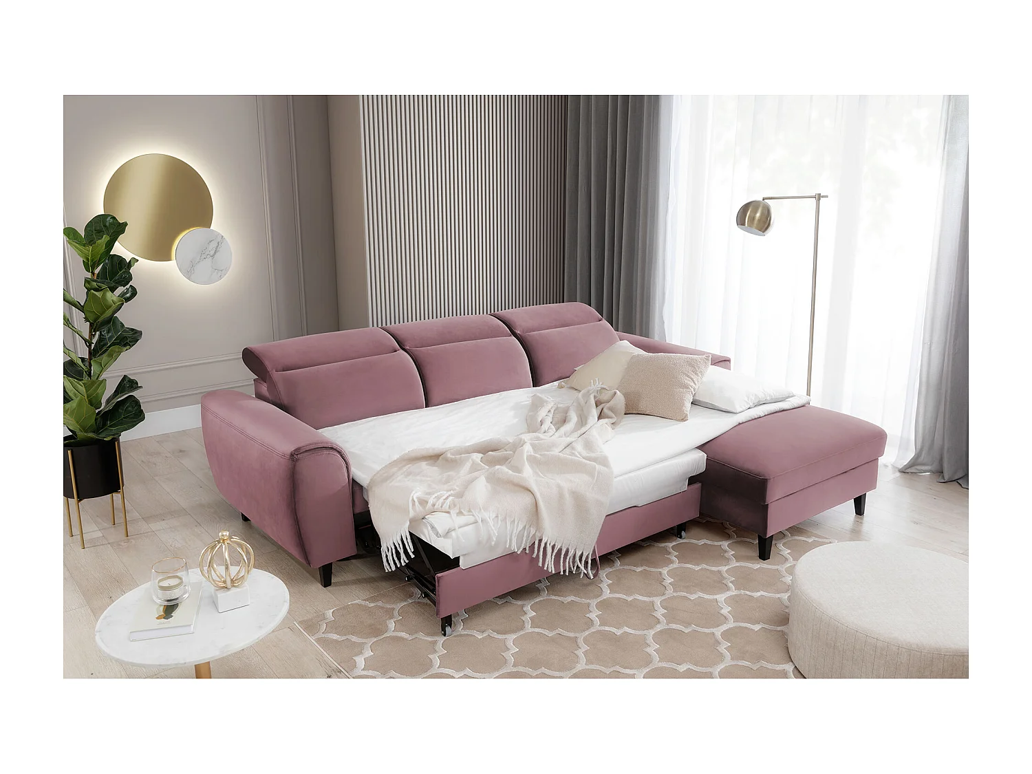 ASTORIA converteerbare fluwelen hoekbank met verstelbare hoofdsteunen - Zwarte houten kist en poten-Kleur Oud roze-juiste hoek