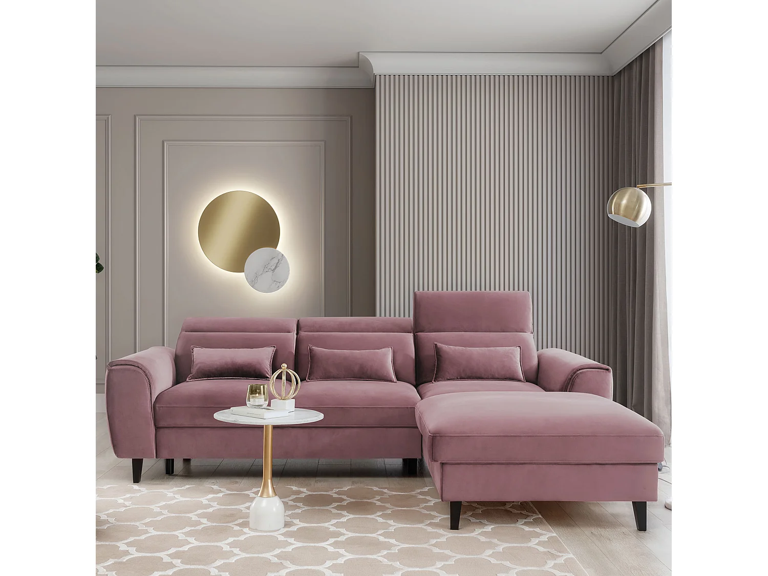 ASTORIA converteerbare fluwelen hoekbank met verstelbare hoofdsteunen - Zwarte houten kist en poten-Kleur Oud roze-juiste hoek