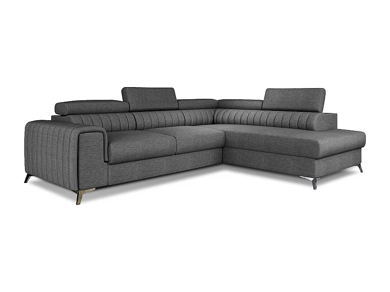 Canapé d'angle convertible tissu appuis-tête réglables LOZA - Coffre et pieds acier chromé-Gris foncé-angle droit