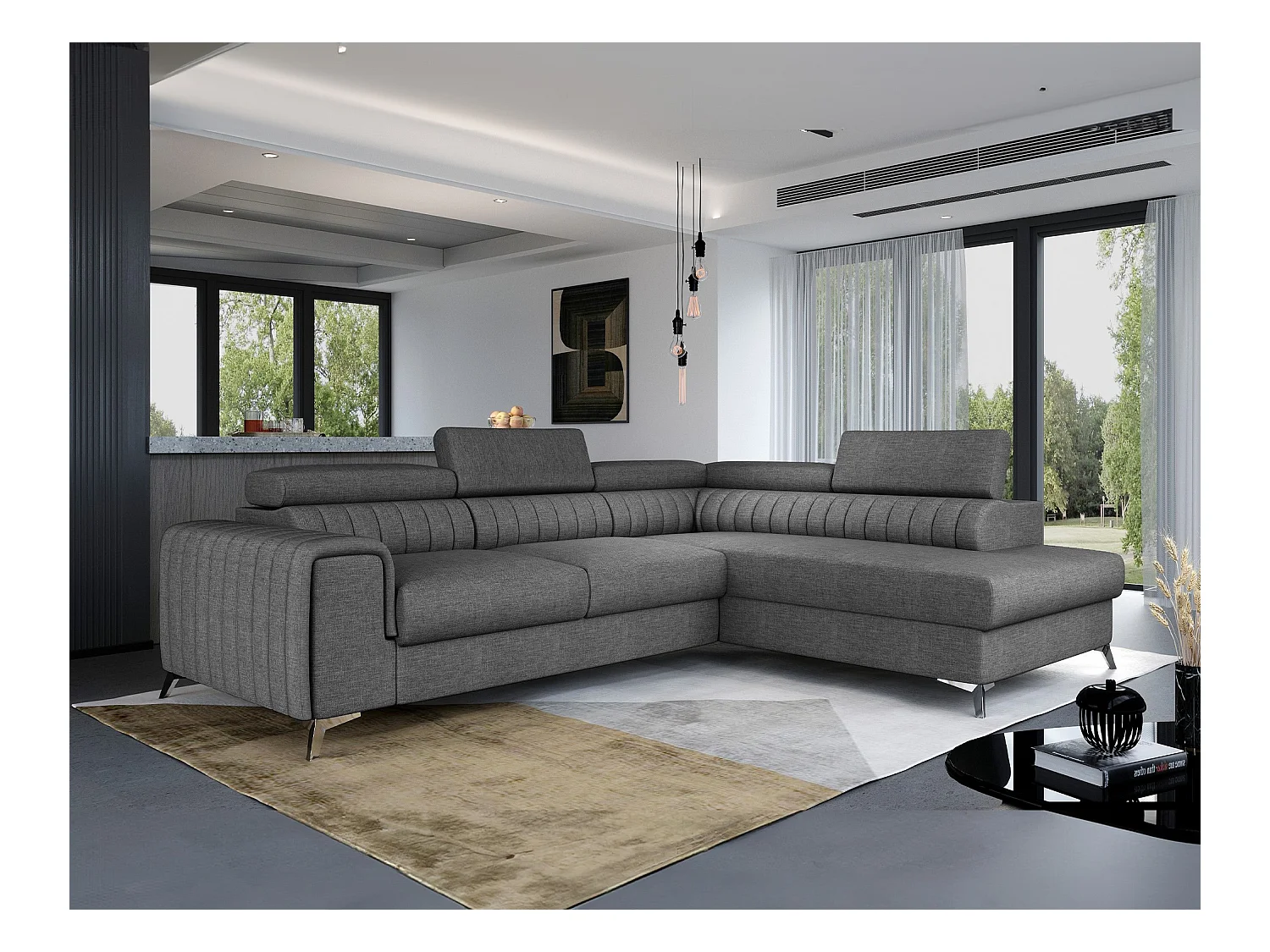 Canapé d'angle convertible tissu appuis-tête réglables LOZA - Coffre et pieds acier chromé-Gris foncé-angle droit