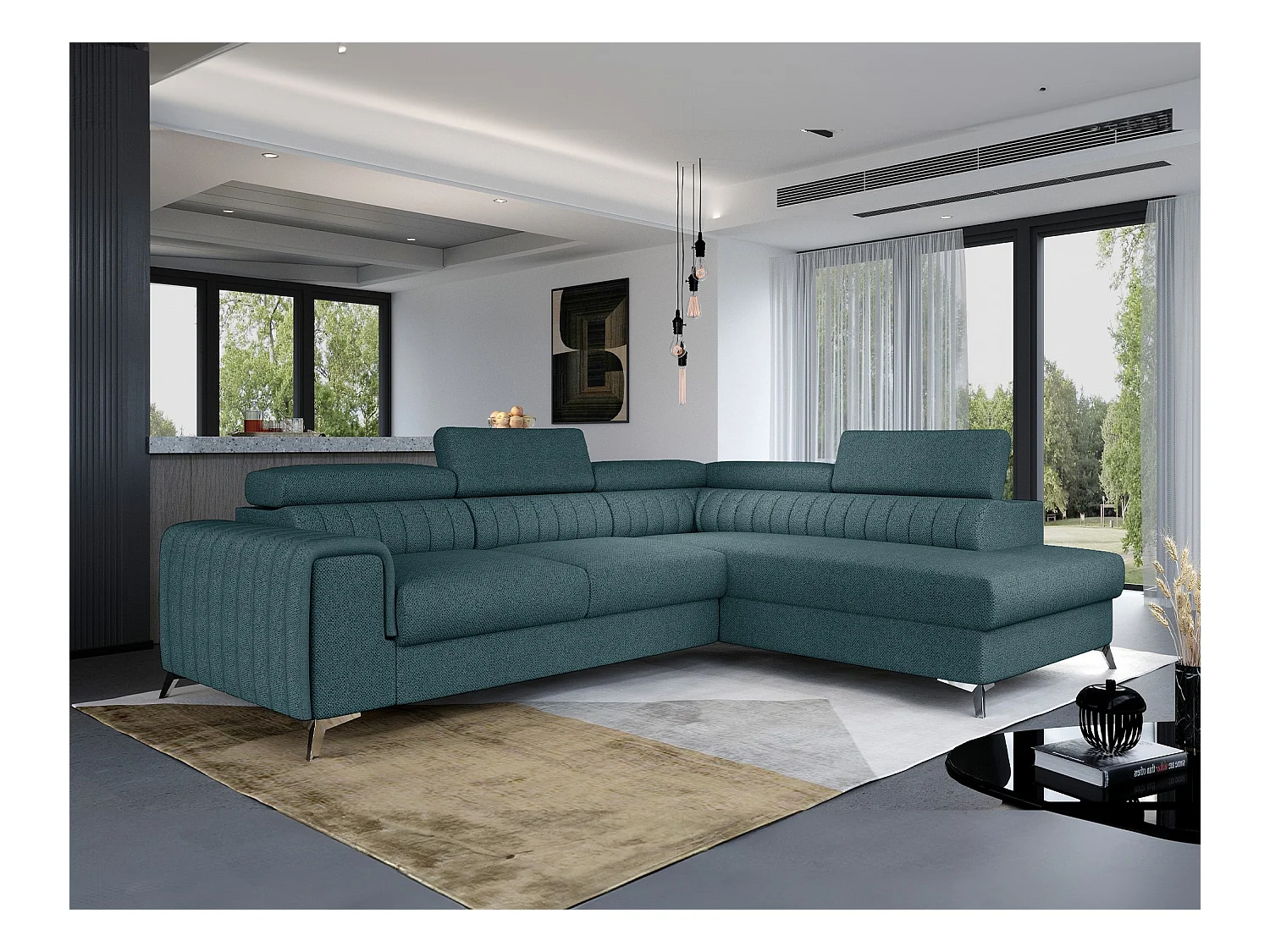 Canapé d'angle convertible tissu appuis-tête réglables LOZA - Coffre et pieds acier chromé-Gris foncé-angle droit