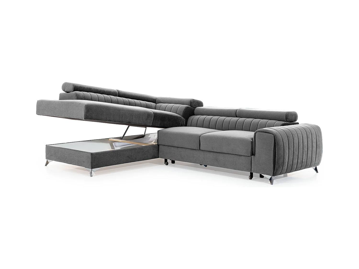 Canapé d'angle convertible tissu appuis-tête réglables LOZA - Coffre et pieds acier chromé-Gris foncé-angle droit