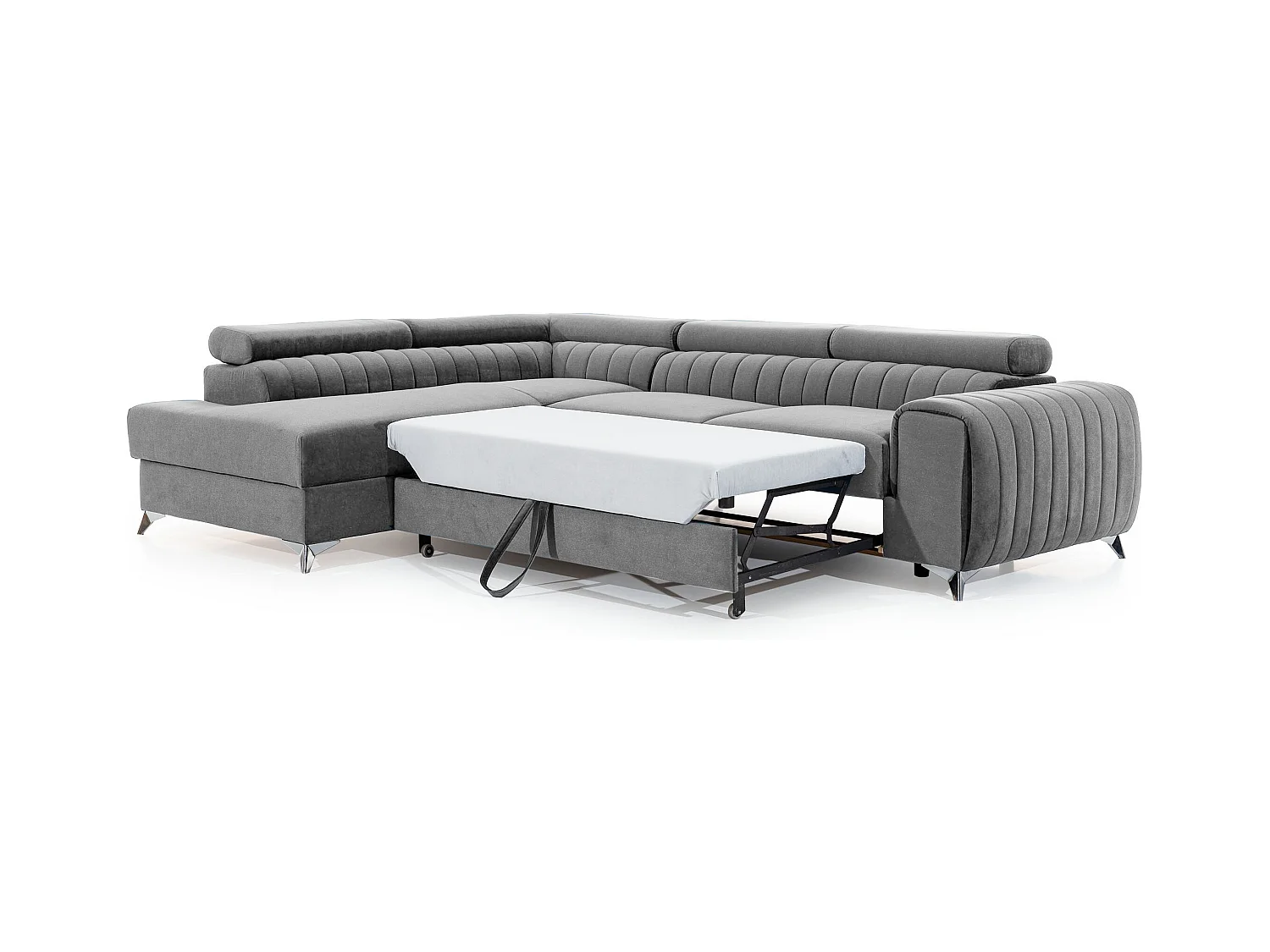 Canapé d'angle convertible tissu appuis-tête réglables LOZA - Coffre et pieds acier chromé-Gris foncé-angle droit