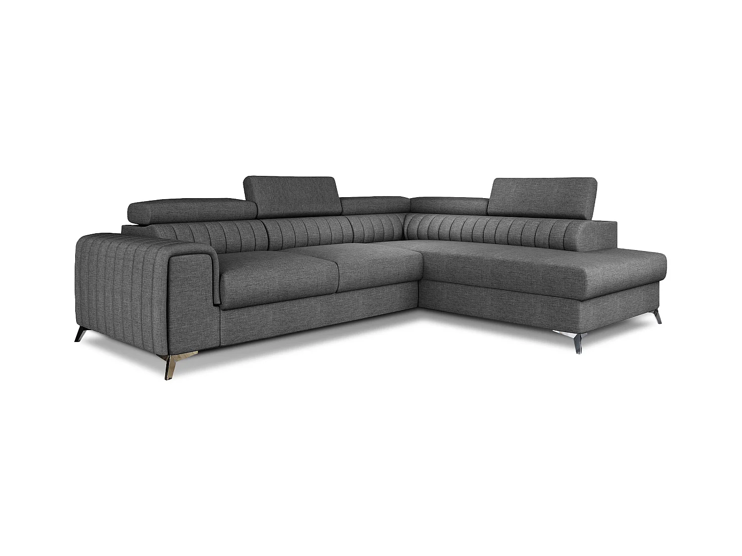 Canapé d'angle convertible tissu appuis-tête réglables LOZA - Coffre et pieds acier chromé-Gris foncé-angle droit