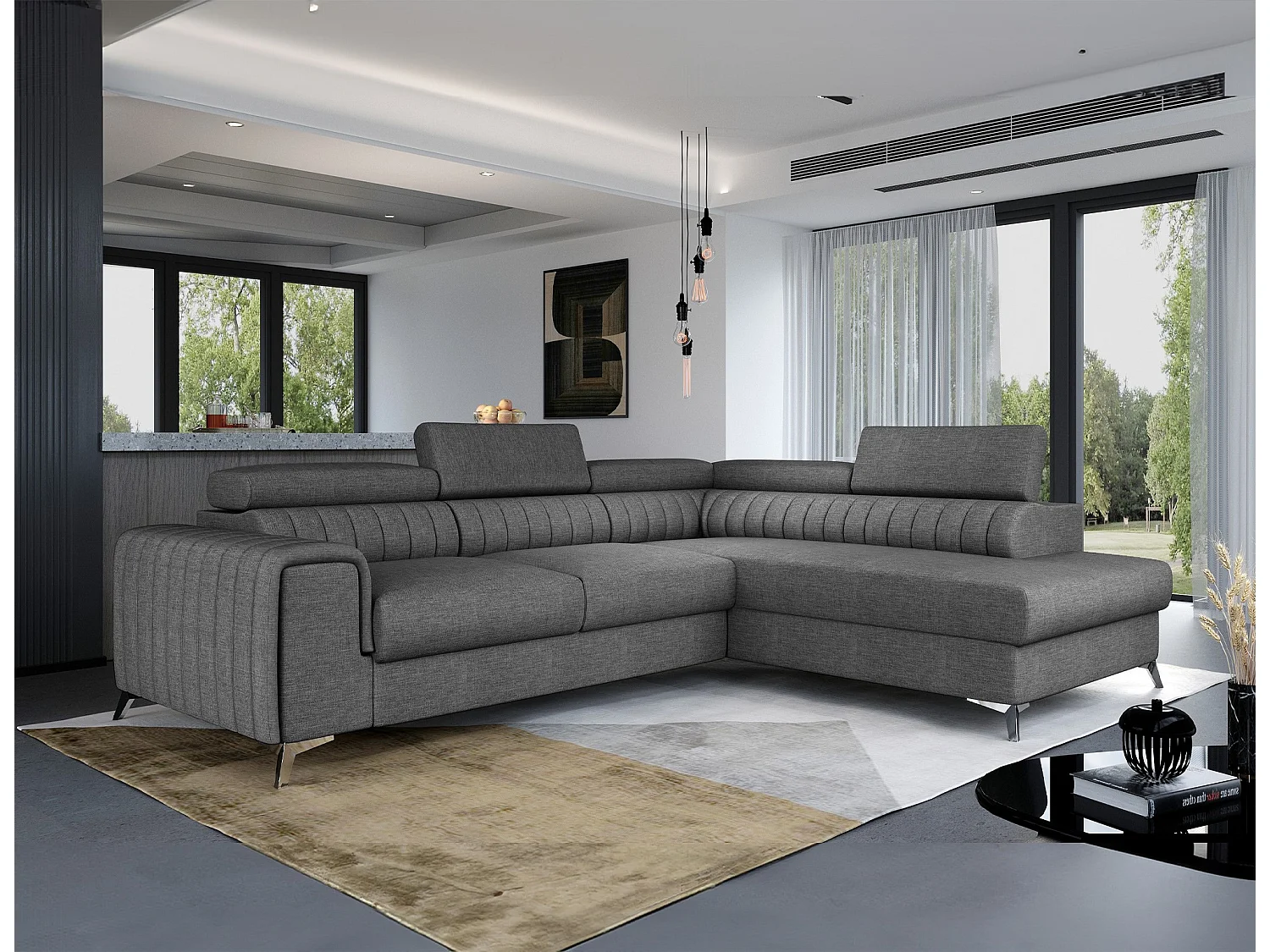Canapé d'angle convertible tissu appuis-tête réglables LOZA - Coffre et pieds acier chromé-Gris foncé-angle droit