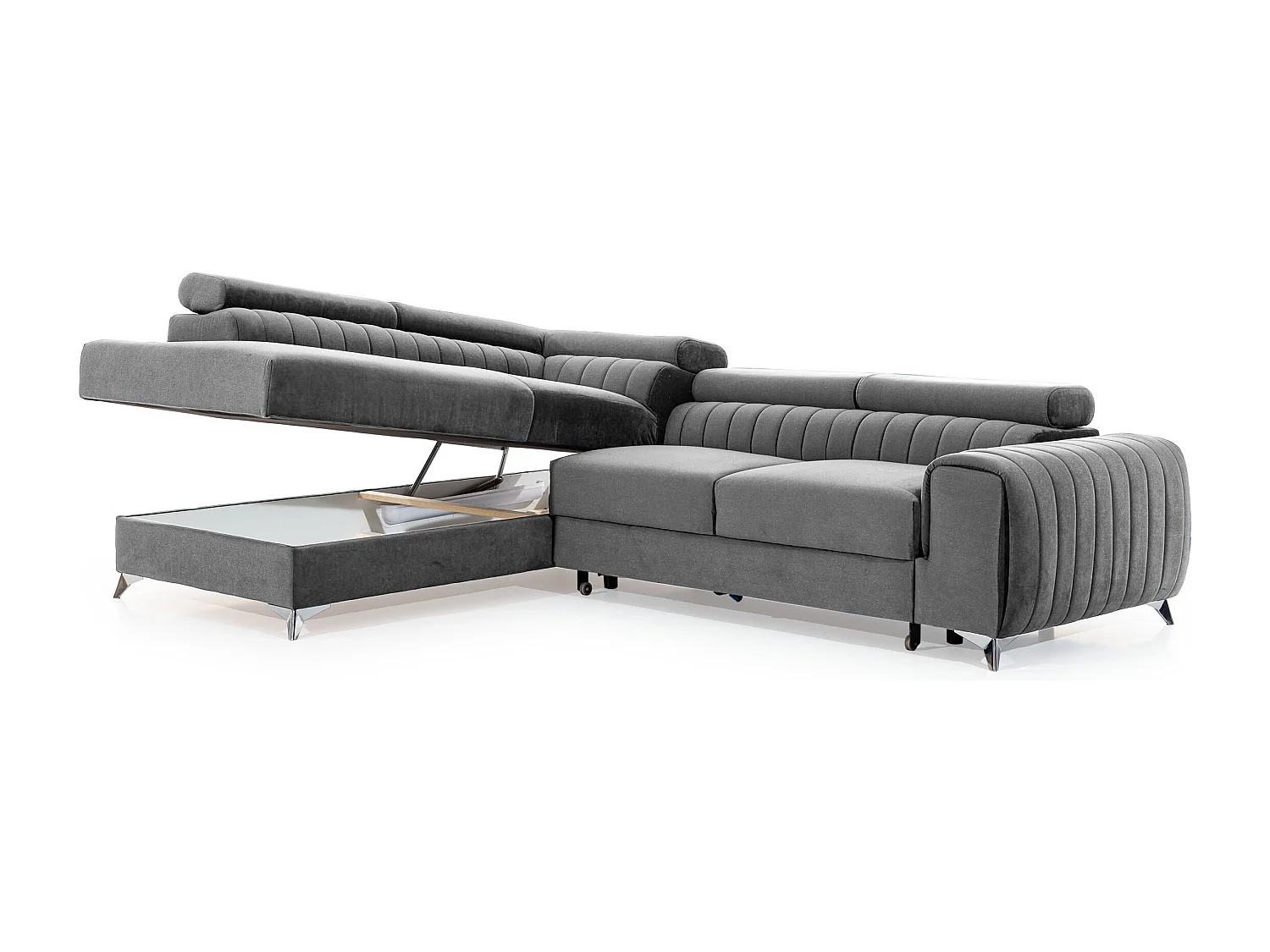 Canapé d'angle convertible tissu appuis-tête réglables LOZA - Coffre et pieds acier chromé-Gris foncé-angle droit