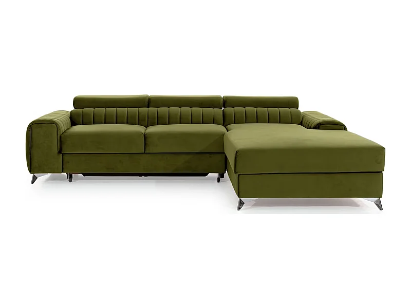 Canapé d'angle convertible velours têtière réglables GRENKY - Coffre, pieds acier chromé-Vert olive-angle droit