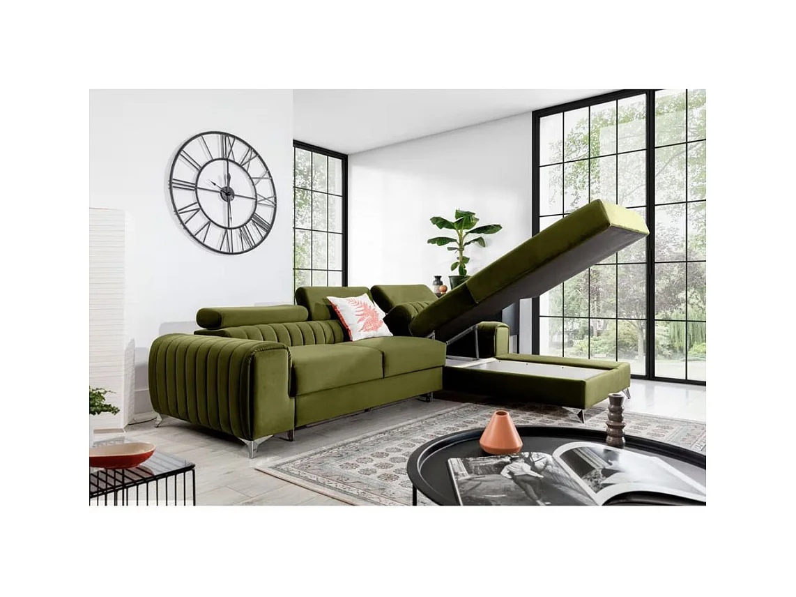 Canapé d'angle convertible velours têtière réglables GRENKY - Coffre, pieds acier chromé-Vert olive-angle droit