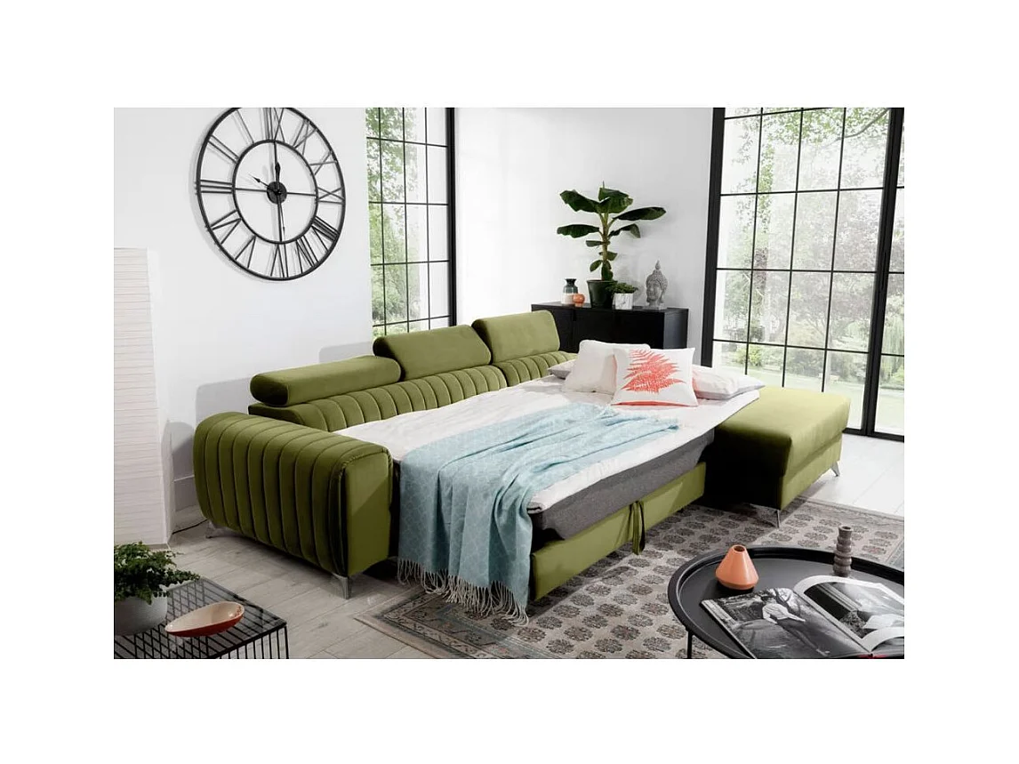 Canapé d'angle convertible velours têtière réglables GRENKY - Coffre, pieds acier chromé-Vert olive-angle droit