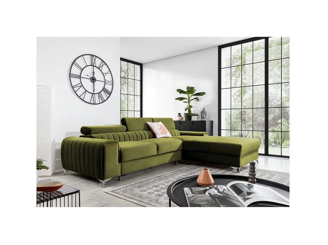 Canapé d'angle convertible velours têtière réglables GRENKY - Coffre, pieds acier chromé-Vert olive-angle droit