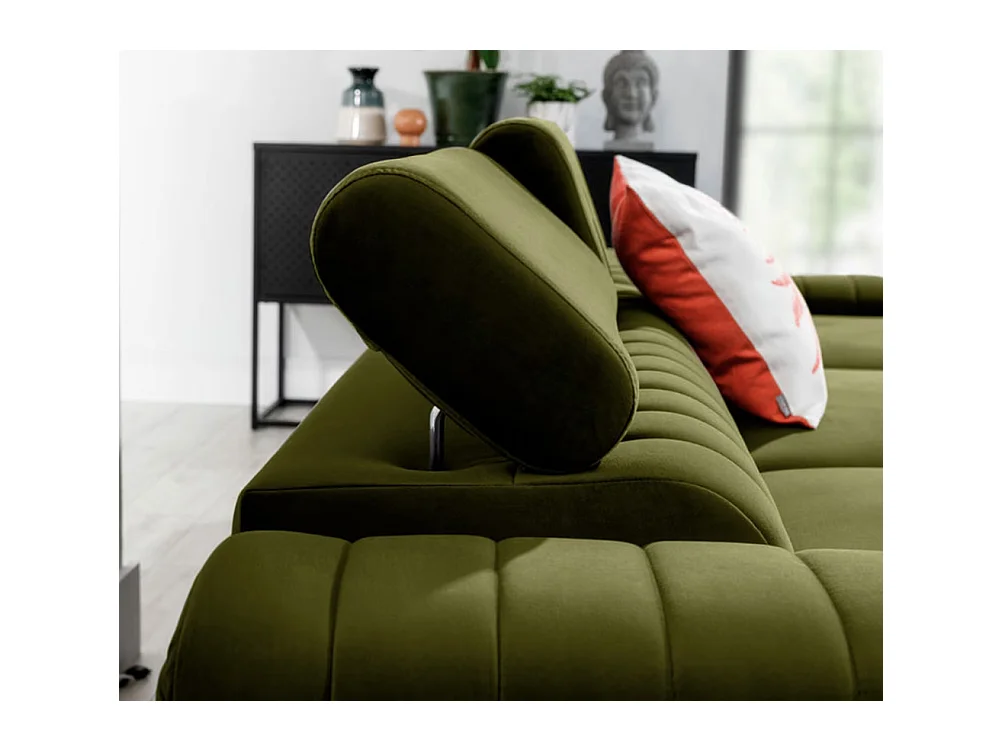 Canapé d'angle convertible velours têtière réglables GRENKY - Coffre, pieds acier chromé-Vert olive-angle droit