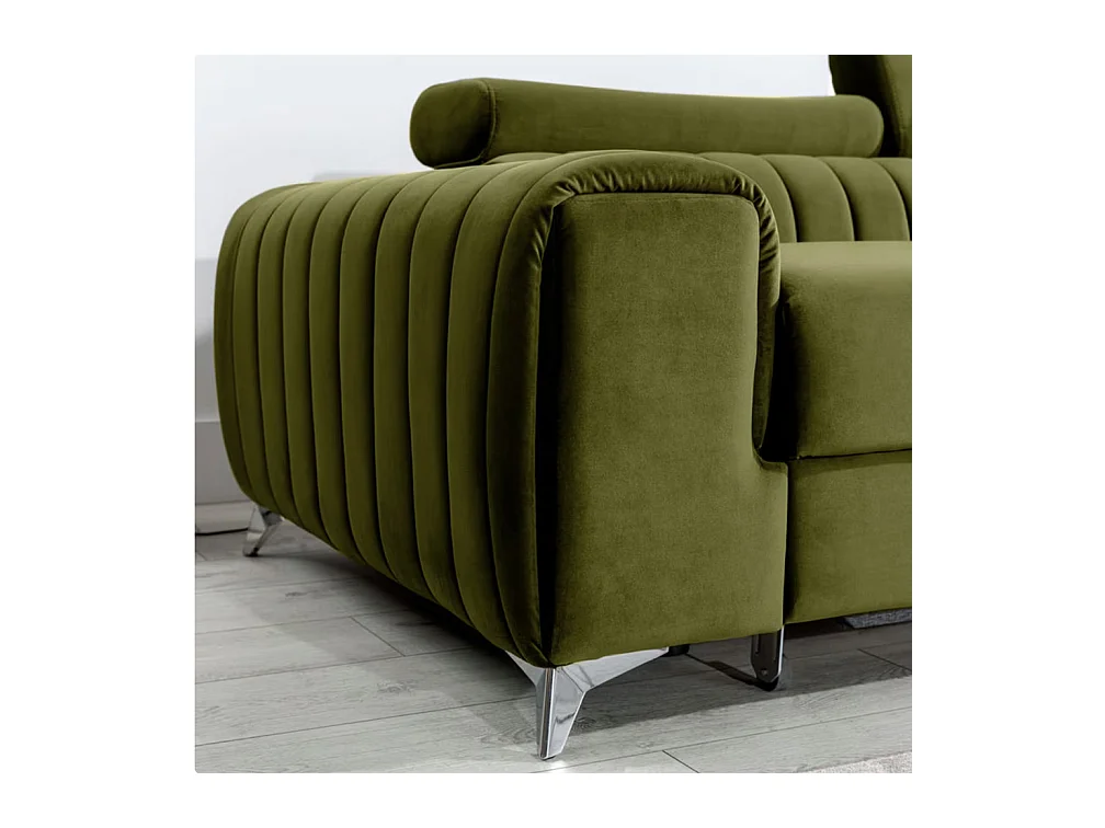 Canapé d'angle convertible velours têtière réglables GRENKY - Coffre, pieds acier chromé-Vert olive-angle droit
