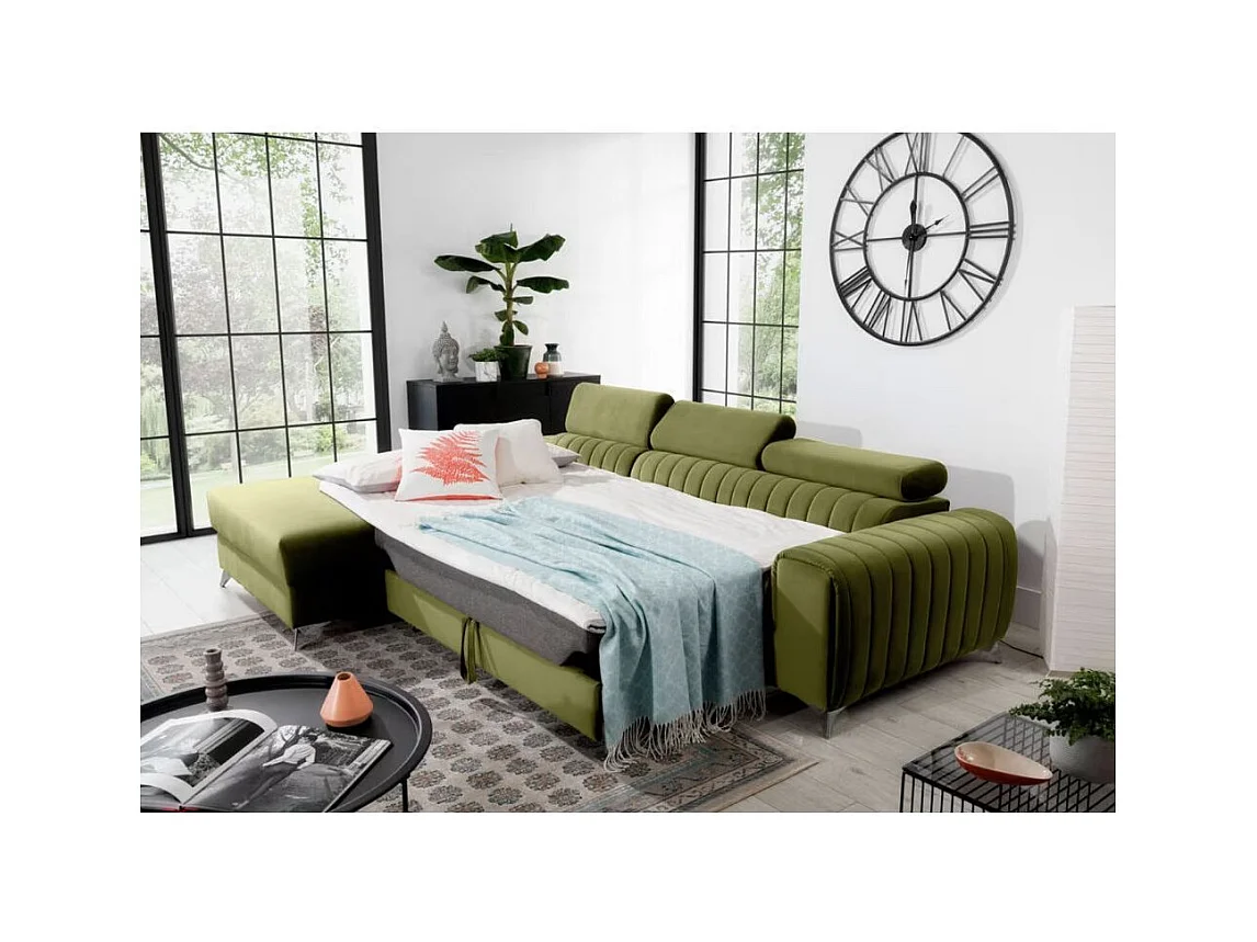 Canapé d'angle convertible velours têtière réglables GRENKY - Coffre, pieds acier chromé-Vert olive-angle droit