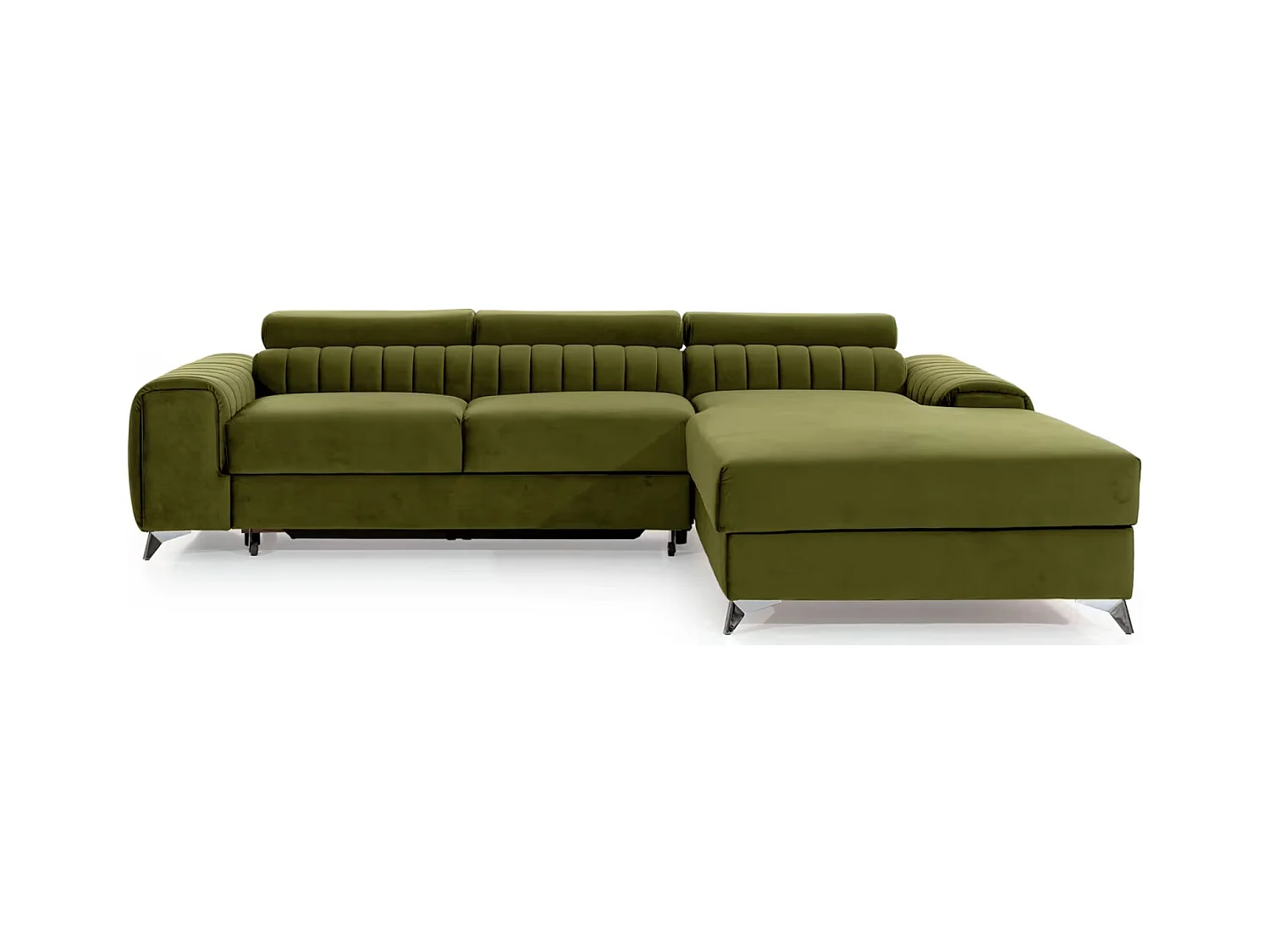 Canapé d'angle convertible velours têtière réglables GRENKY - Coffre, pieds acier chromé-Vert olive-angle droit