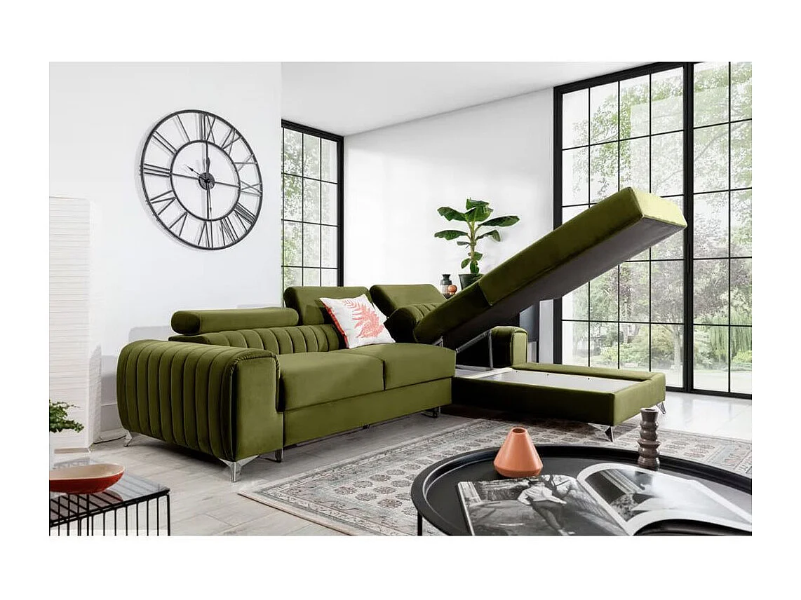 GRENKY omvormbare hoekbank met verstelbare hoofdsteunen - Opbergruimte, poten van verchroomd staal-Kleur Olijfgroen-juiste hoek