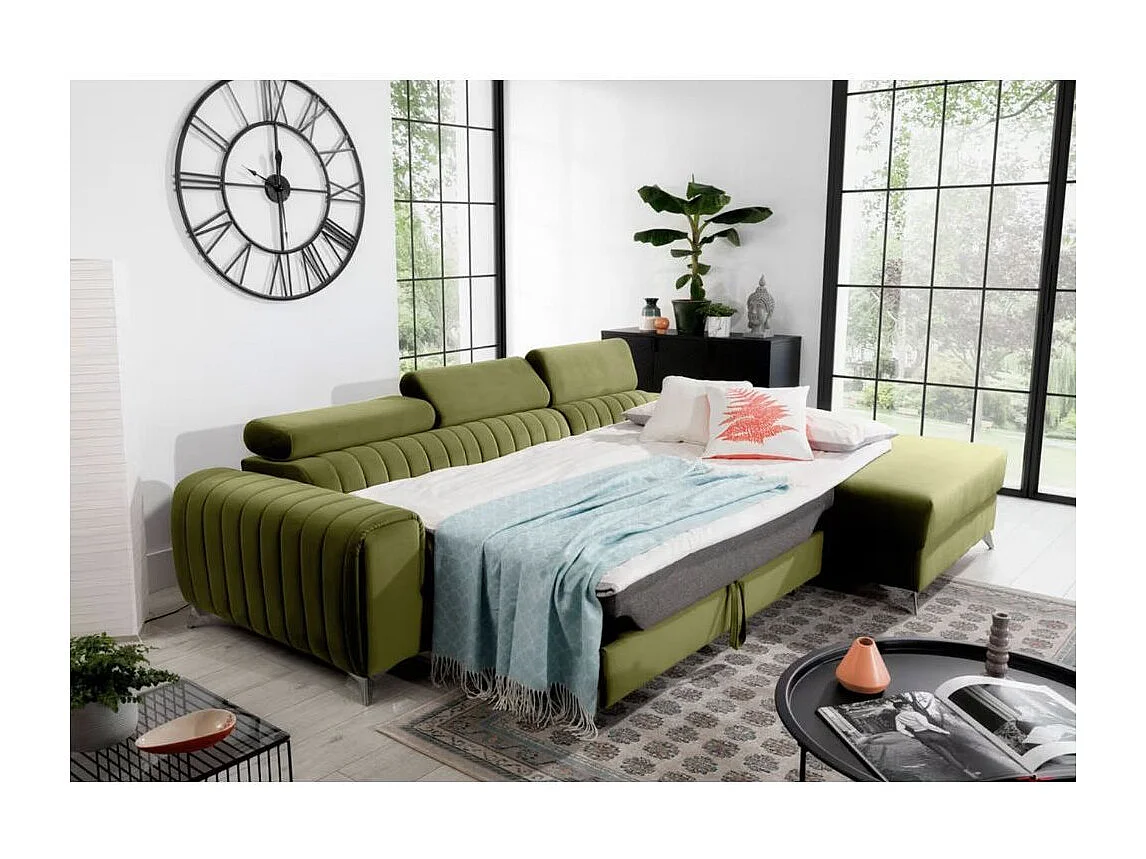 GRENKY omvormbare hoekbank met verstelbare hoofdsteunen - Opbergruimte, poten van verchroomd staal-Kleur Olijfgroen-juiste hoek
