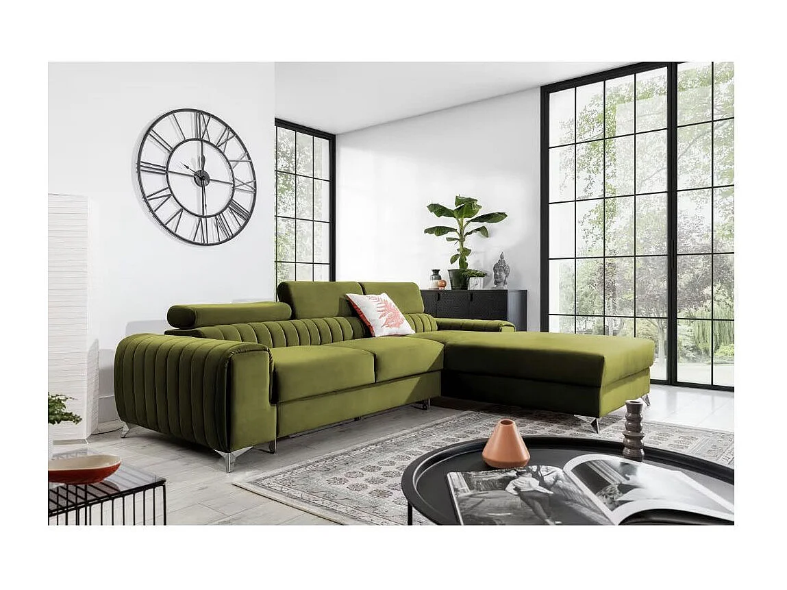 GRENKY omvormbare hoekbank met verstelbare hoofdsteunen - Opbergruimte, poten van verchroomd staal-Kleur Olijfgroen-juiste hoek