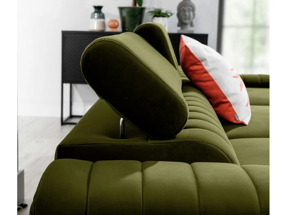 GRENKY omvormbare hoekbank met verstelbare hoofdsteunen - Opbergruimte, poten van verchroomd staal-Kleur Olijfgroen-juiste hoek