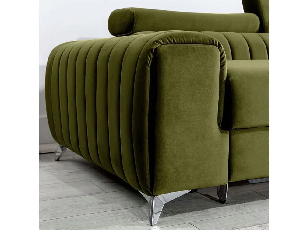 GRENKY omvormbare hoekbank met verstelbare hoofdsteunen - Opbergruimte, poten van verchroomd staal-Kleur Olijfgroen-juiste hoek