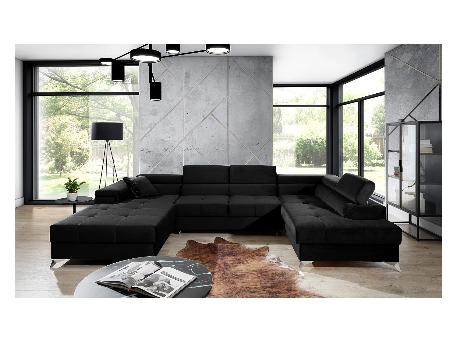 Canapé panoramique convertible KUTTY velours - Rangement et têtières réglables-Noir-Coffre à droite